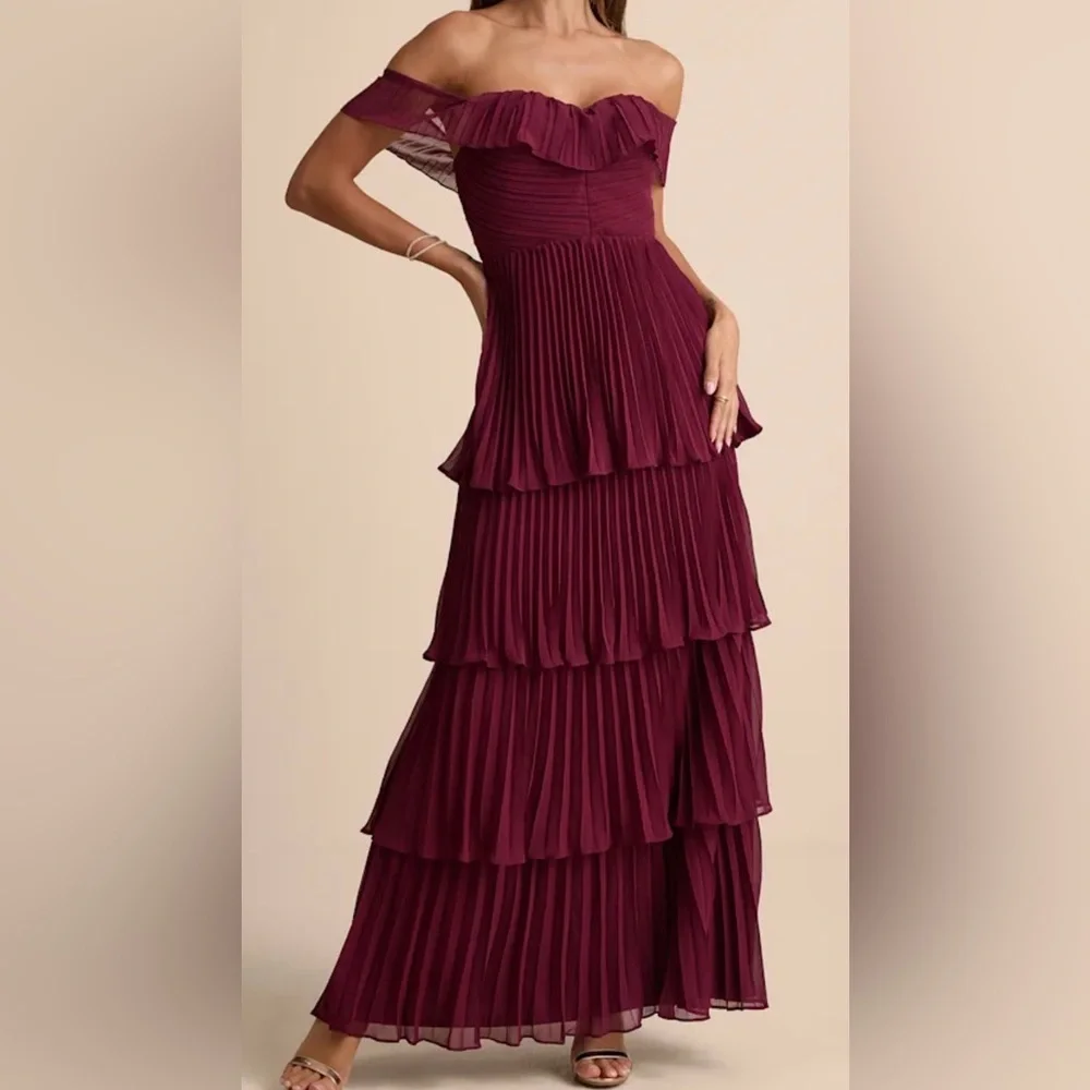 Lulus Tiered Ruffle Midi Dress Burgundy XL Wedding Guest Bridesmaid Formal Party - Picture 1 of 9